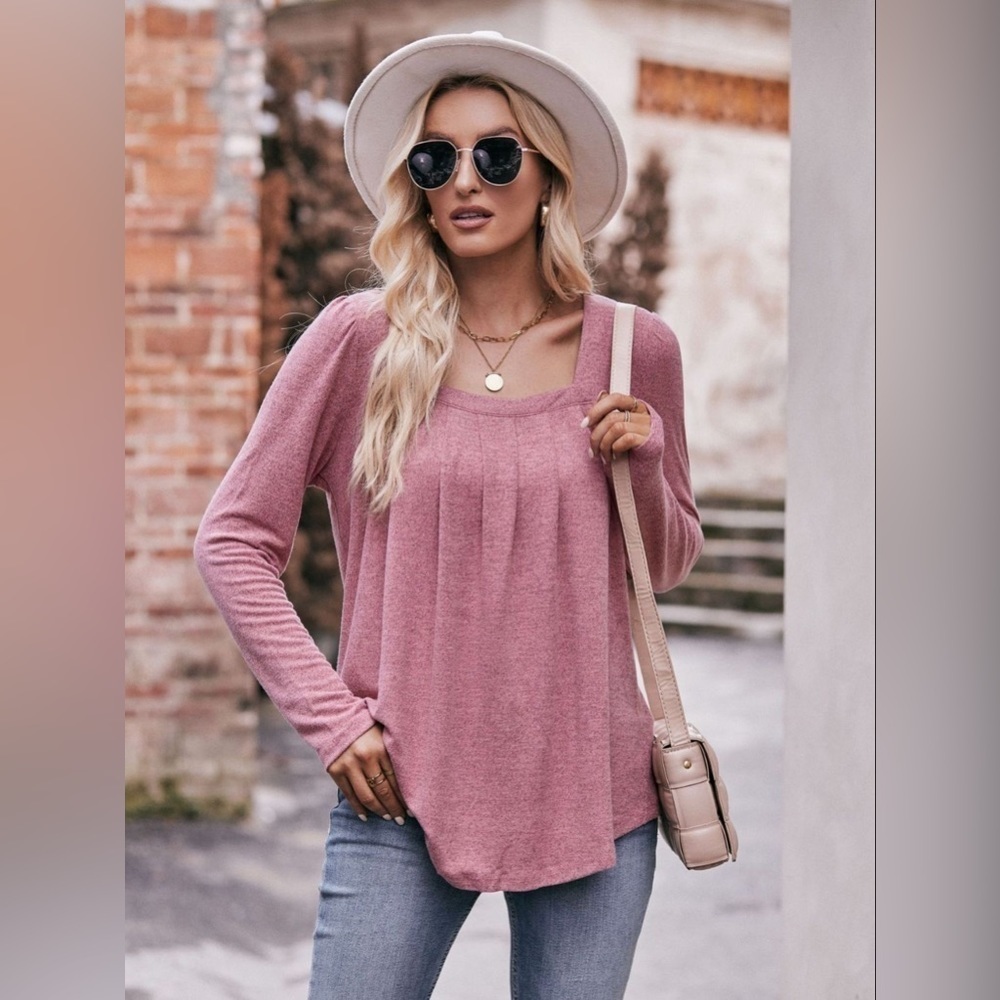 Double Take Pleated Curved Hem Long Sleeve Top